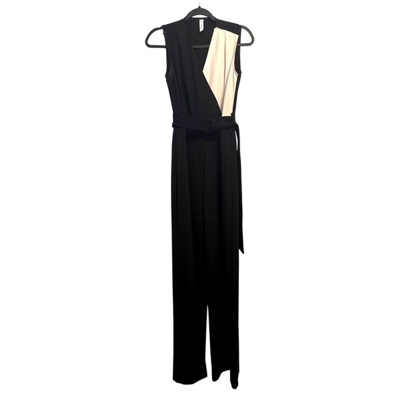 MNG Mango Womens Size S Sleeveless Black & Beige Colorblock Jumpsuit With Belt - Picture 1 of 12